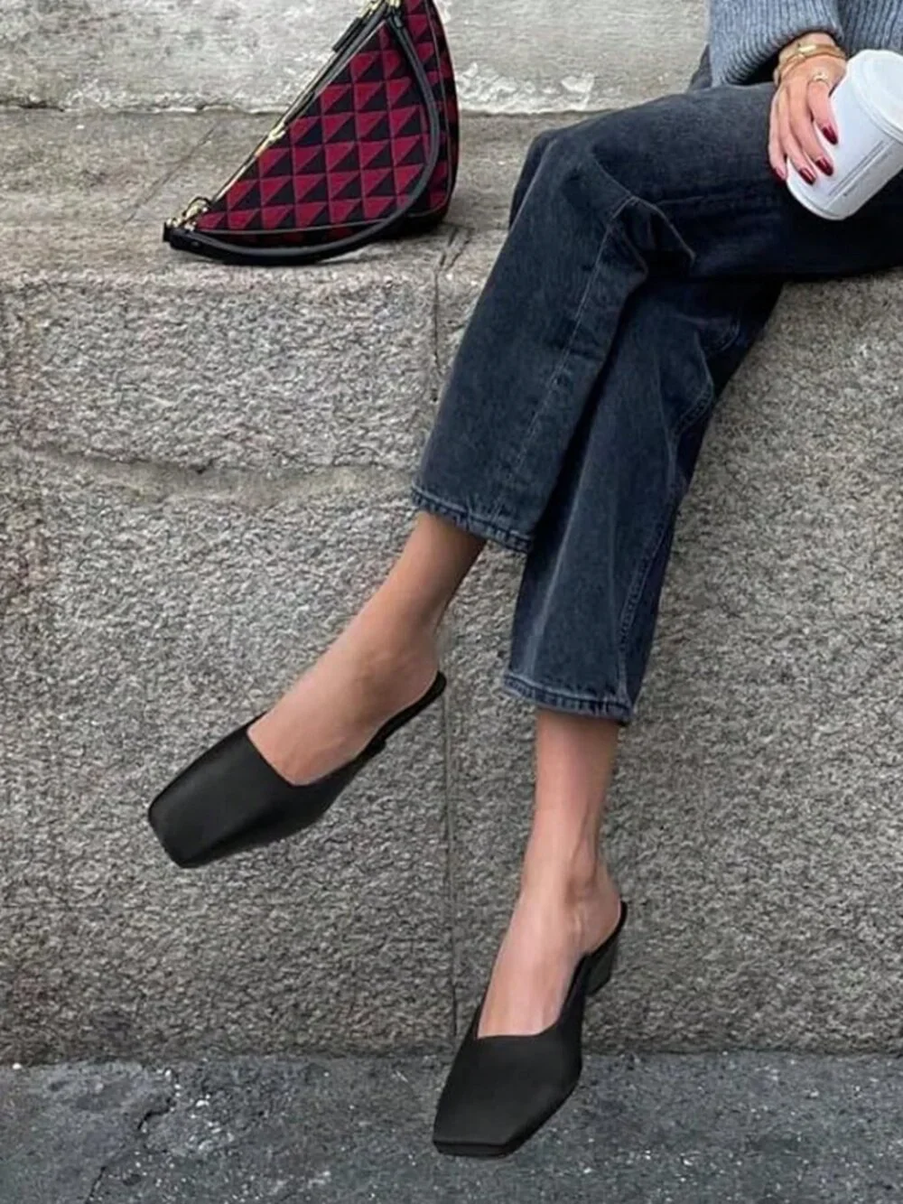 Black Casual Women's Satin Slingback Mules Thick Kitten Heel Slip-On Party Pumps - Picture 6 of 6
